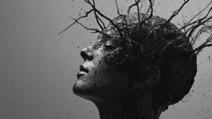 Intricate depiction of mental complexity in a monochromatic palette