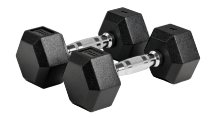 A pair of black hexagon dumbbells isolated on a transparent background provide strength training