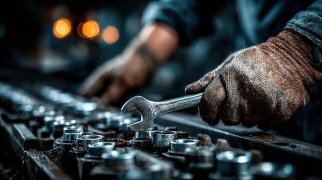 Technician tightening engine parts with a wrench in a service garage before vehicle delivery and maintenance check