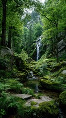 Obraz premium Lush waterfall cascading through mossy forest
