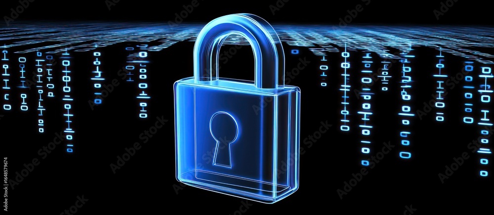 Poster digital security concept illustration with padlock and binary code