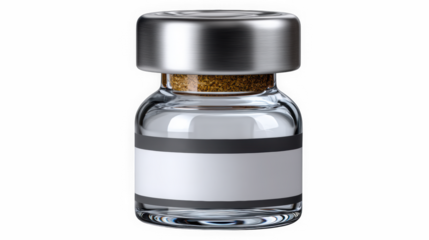 Tiny transparent glass jar with silver lid and cork insert blank label for apothecary or lab use
