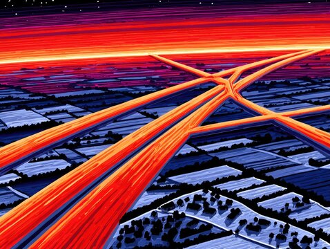 Aerial view of a vibrant, stylized highway intersection.  Fiery orange roads crisscross against a backdrop of purple and blue fields and a fiery sunset sky