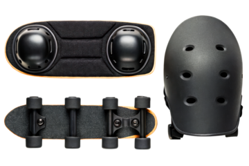 Set of protective gear with helmet and skateboard for riding isolated with transparent background