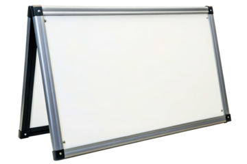 Portable folding sidewalk sign with blank white display isolated with transparent background