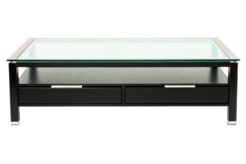 Modern black coffee table with glass top and storage drawers isolated with transparent background