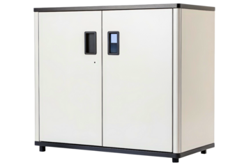 Modern metal office storage cabinet with two locked doors isolated with transparent background