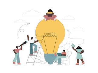 Teamwork concept, flat people surrounded a big light bulb in search of ideas
