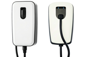 Wall-mounted electric car charging station with cable plug isolated with transparent background
