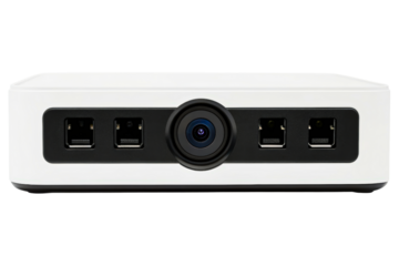 Small white video conferencing hub with central camera and ports isolated with transparent background