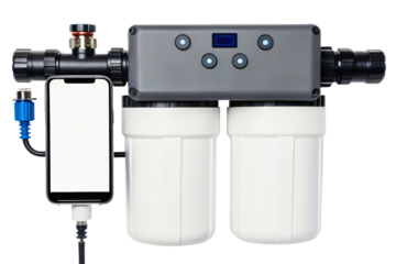 Smart home water filtration system connected to a smartphone isolated with transparent background
