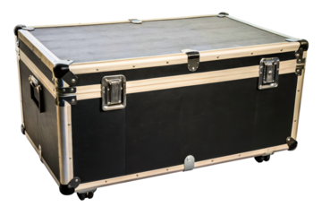 Large black professional flight case for equipment transportation isolated with transparent background