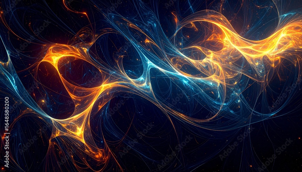 Aufkleber an intricate abstract fractal design displays flowing strands of glowing orange and blue energy agai
