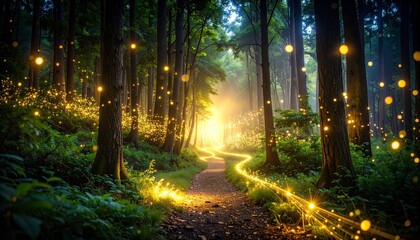 A serene forest path illuminated by golden light and magical fireflies creates an enchanting and ethereal atmosphere among the lush greenery of the woods.