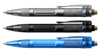 Studio shot showcasing three stylish pens in silver, black and blue colors