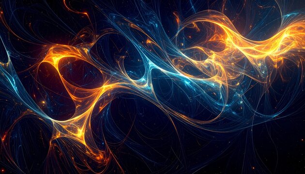 An intricate abstract fractal design displays flowing strands of glowing orange and blue energy against a dark backdrop with scattered starlight effects showing depth.