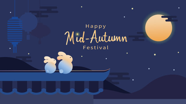 Mid-Autumn design featuring two adorable rabbits on a traditional rooftop enjoying the sight of the bright full moon. Vector Illustration.