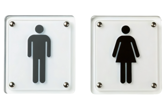 Modern acrylic male and female restroom public toilet signs isolated with transparent background