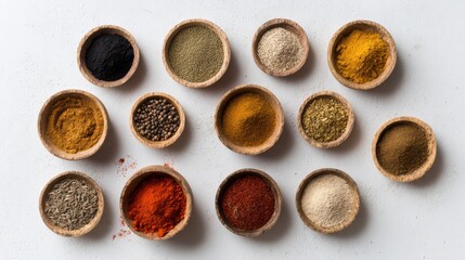 A vibrant array of spices displayed in small bowls, showcasing diverse colors and textures for culinary inspiration.