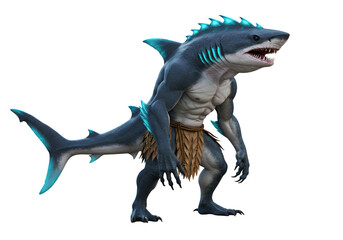 Complex aquatic creature with shark head and humanoid body wearing tribal shorts in dark background