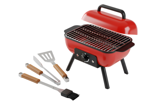 compact red portable outdoor charcoal grill with cooking tools set for barbecue enthusiasts
