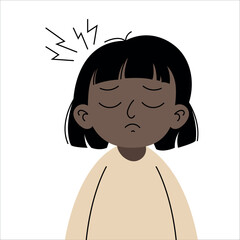 Portrait of sad african american girl with headache closing her eyes isolated on white background, simple illustration, flat style, minimalism, emotional sticker