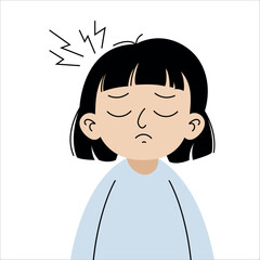 Portrait of sad girl with headache who closed her eyes, isolate on white background, simple illustration, flat style, minimalism, emotional sticker