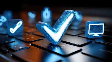 Glowing blue checkmark icon on computer keyboard
