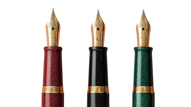 Elegance of Writing: Close-Up of Three Fountain Pens with Golden Nibs on Black