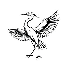 Elegant line art illustration of a great egret spreading its wings on a clean white background