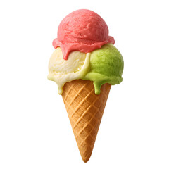 Delicious triple scoop ice cream cone isolated on transparent background