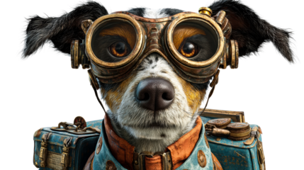 Dog wearing antique goggles and explorer attire with vintage luggage, cut out transparent