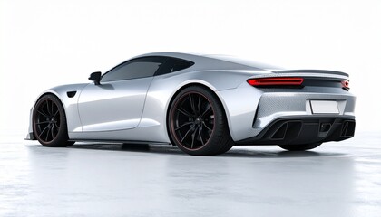 Futuristic white and black sports car with red accents, sharp lines, red light strip, and black wheels with red brake calipers—set against a plain light background.