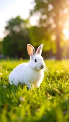Fototapeta premium White rabbit sitting in vibrant green grass, sunlit background