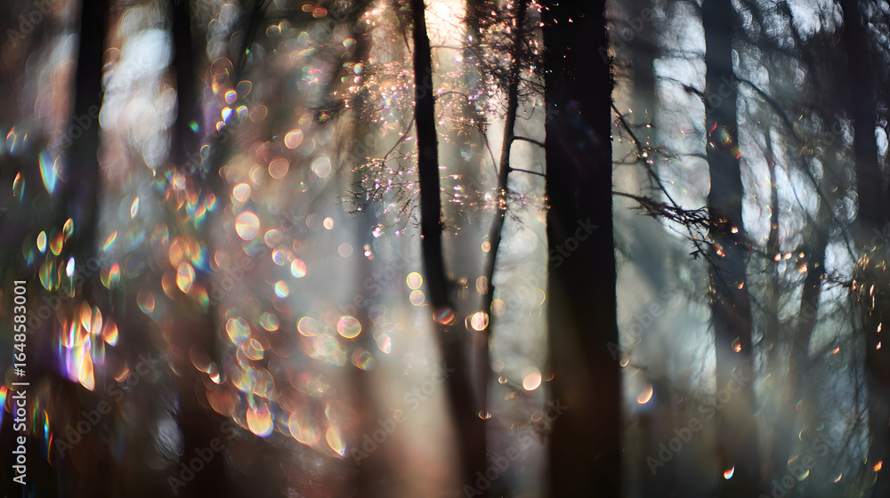 Aufkleber forest light dance: the image captures a serene forest landscape, where sunlight filters through the