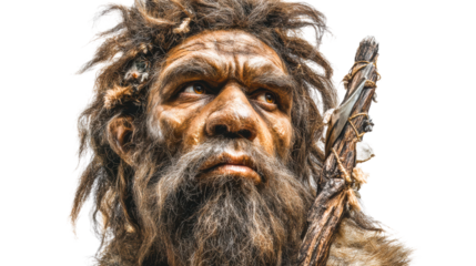 Ancient Man With Staff, Close-up Portrait of Primitive Human, cut out transparent