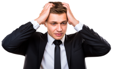 Man in formal suit grasping head in despair against white studio background, cut out transparent