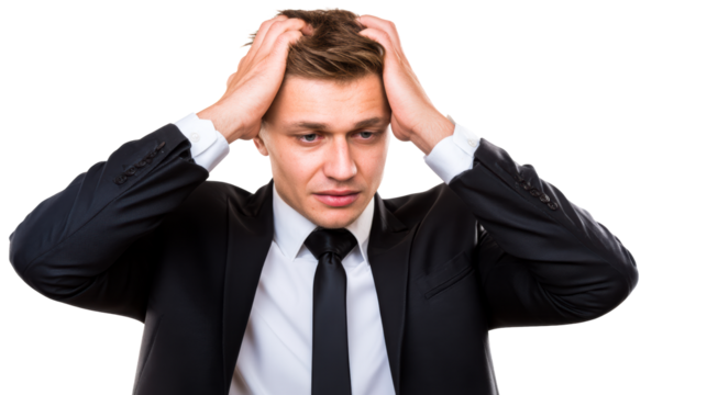Man in formal suit grasping head in despair against white studio background, cut out transparent - Powered by Adobe