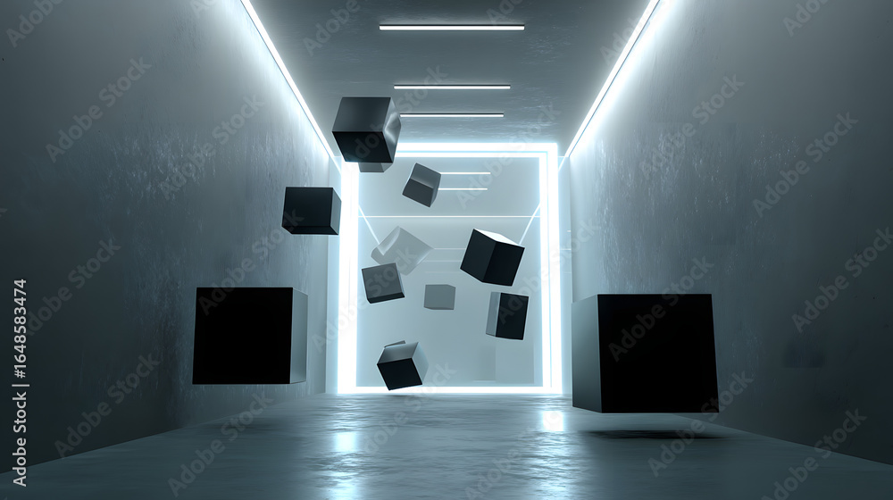 Poster floating cubes in luminous corridor: this image presents an intriguing, modern perspective, showcasi
