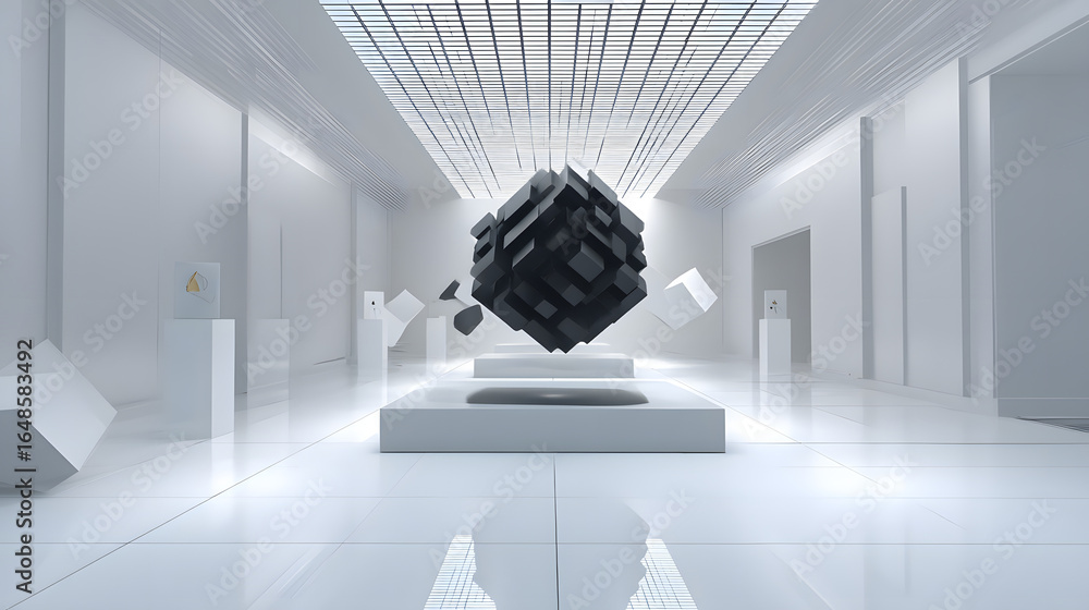 Poster Abstract Cube in the Gallery: a striking dark geometric cube levitating at the center of minimalist bright gallery. surrounding by an array of smaller.