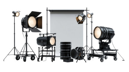 Studio lighting equipment and filmmaking accessories arranged on a white background, cut out transparent