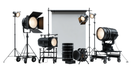 Studio lighting equipment and filmmaking accessories arranged on a white background, cut out transparent