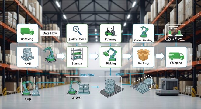 Automated warehouse logistics flow with robots, forklifts, and trucks driving efficiency