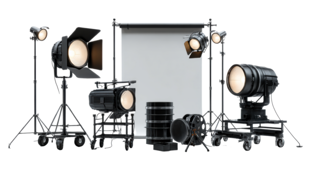 Studio lighting equipment and filmmaking accessories arranged on a white background, cut out transparent