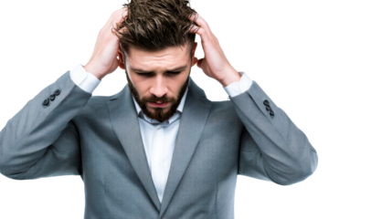 Man in formal jacket runs hands through disheveled hair looking down in despair, cut out transparent