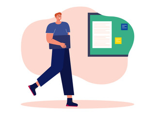 Man walks through the campus with his laptop to class looking at the bulletin board. University illustrations. Flat vector illustration. Character design.