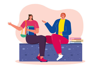 Woman sitting chatting with her college friend in the park with a lot of books. University illustrations. Flat vector illustration. Character design.