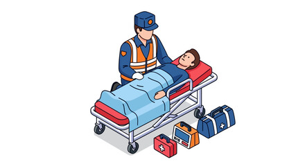 Fototapeta premium First responder providing emergency medical care to a patient on a stretcher, an isometric illustration.