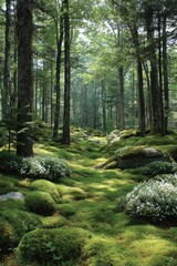 Lush mossy forest floor bathed in sunlight