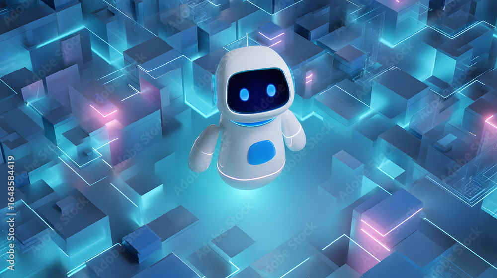 Poster digital companion: a charming robot floats effortlessly amidst a futuristic, tech-infused landscape.